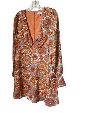 ACOA Retro 70s Psychedelic Flora Groovy Boho Mod Long Sleeve Mini Dress Sz L